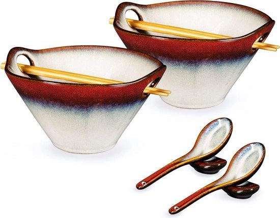 Set di 2 pentole 780 ml con cucchiai e coperchi - Servizio giapponese per piatti asiatici - pentole gradienti rosse