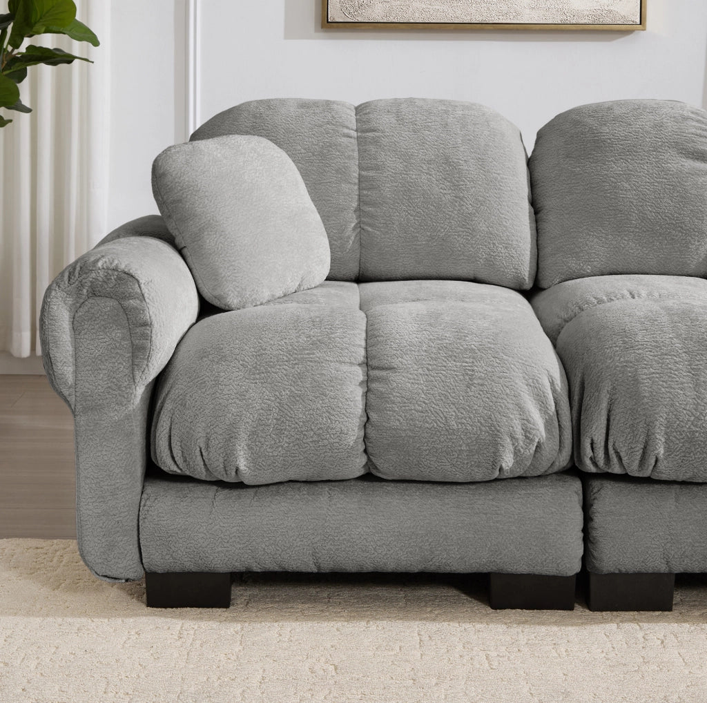 Divano modulare in chenille grigio chiaro 260x149x90 cm; configurazione a U o L con pouf mobile