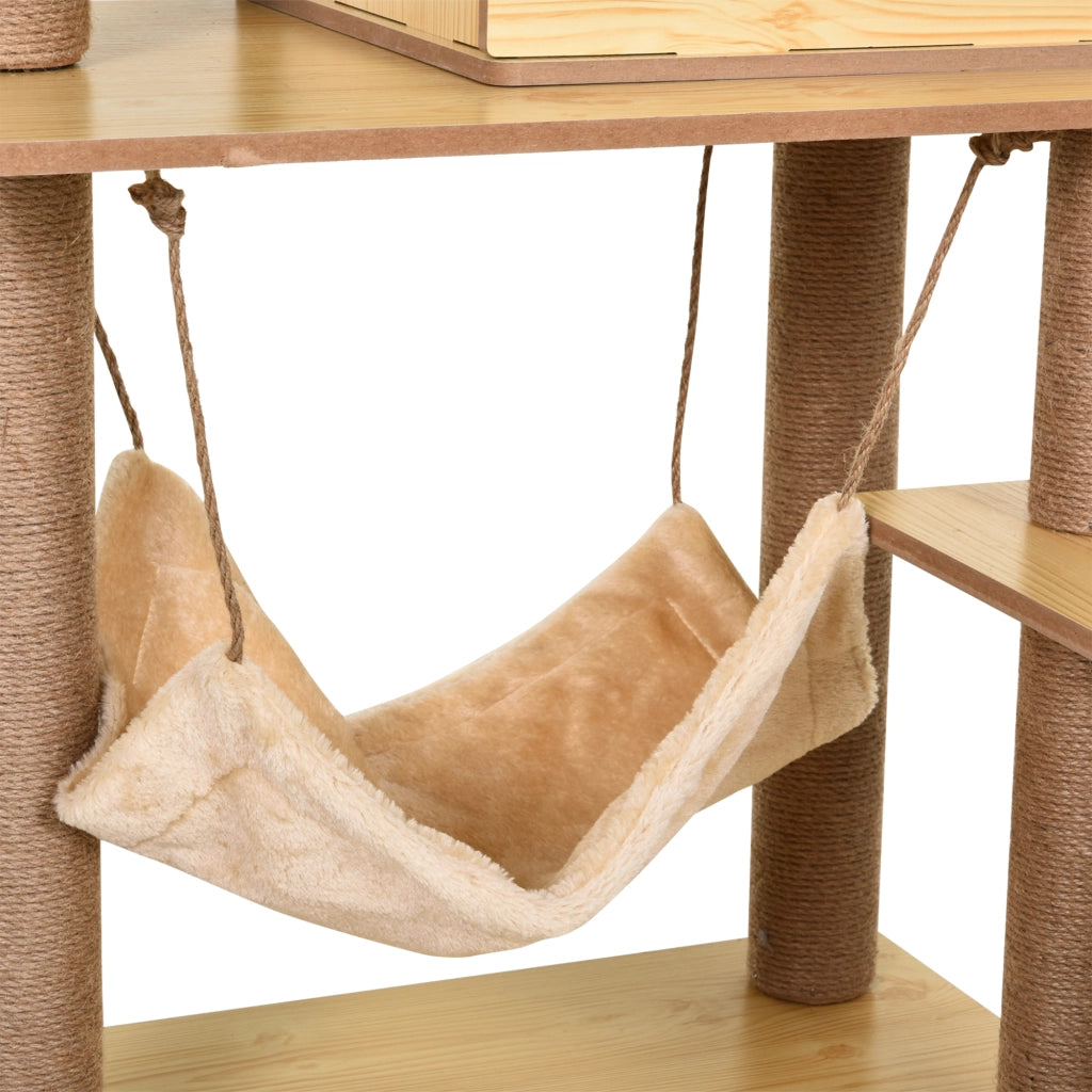 Albero Tiragraffi per Gatti 60x40x130 cm con Casetta Lettini Amaca e Pallina in Legno Poliestere e Sisal Beige