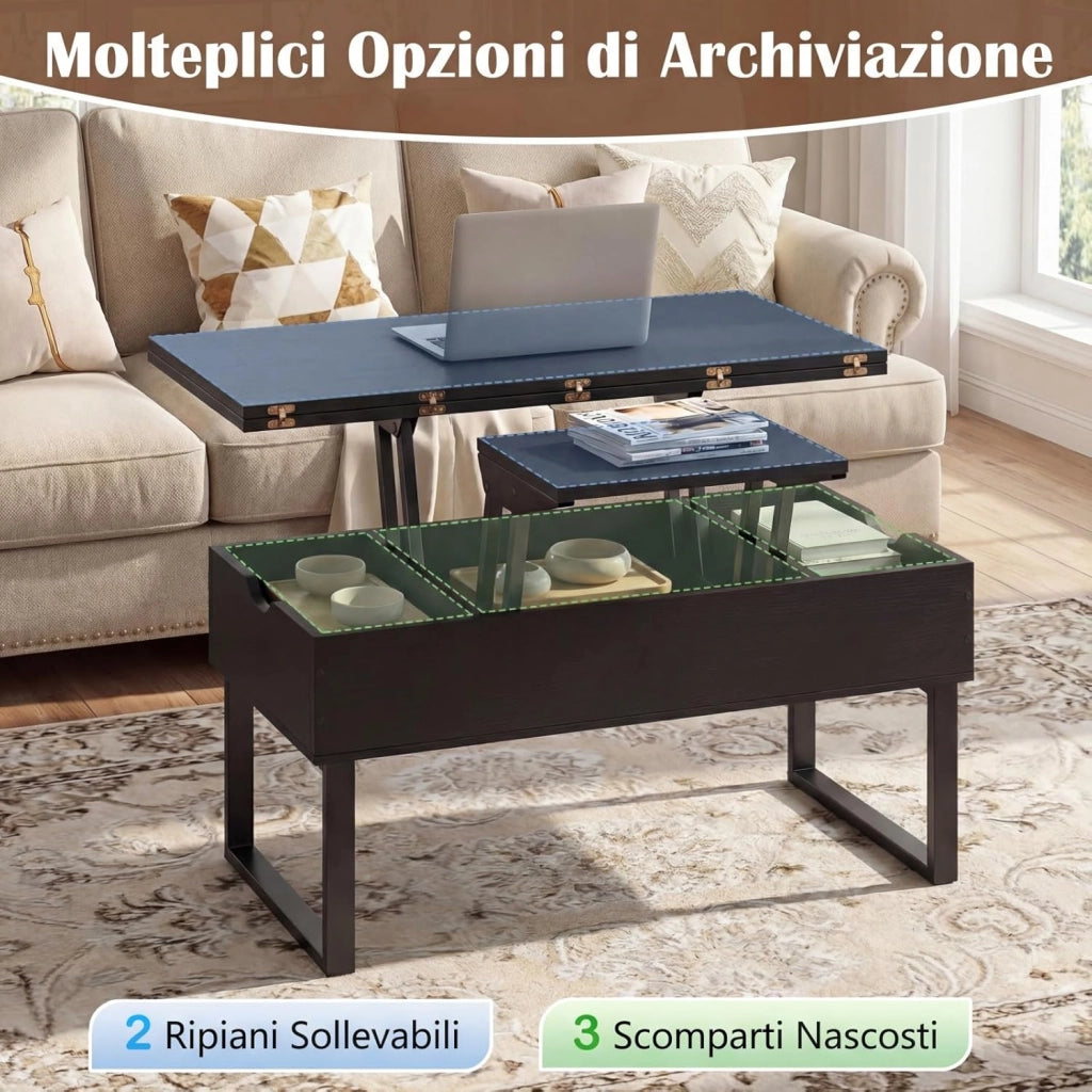 3 in 1 Tavolino da Salotto con Piano Sollevabile e Pieghevole, Tavolino Moderno Trasformabile in Tavolo da Pranzo in Legno con 3 Vani Nascosti, Ideale per Soggiorno e Ufficio (Nero)