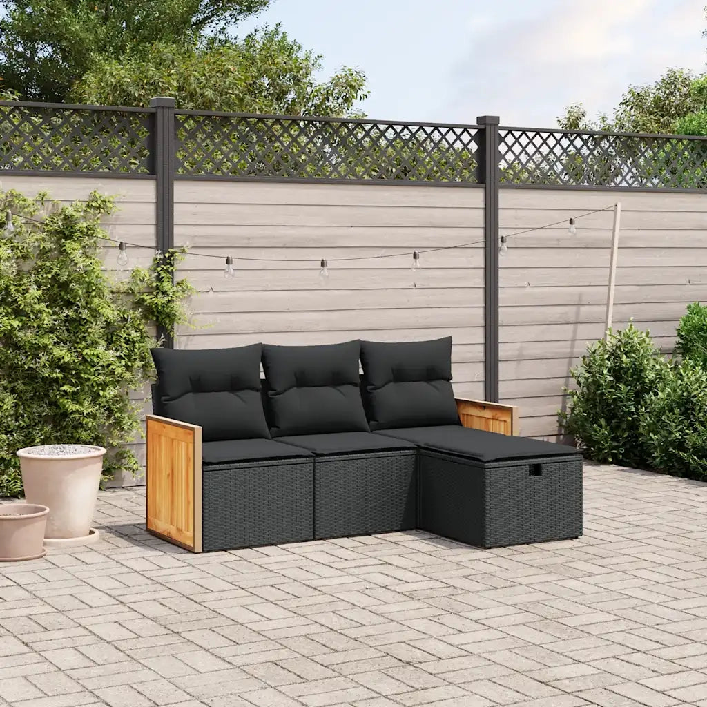 Set Divani da Giardino 4 pz | Set Salotto da Giardino con Cuscini Nero in Polyrattan