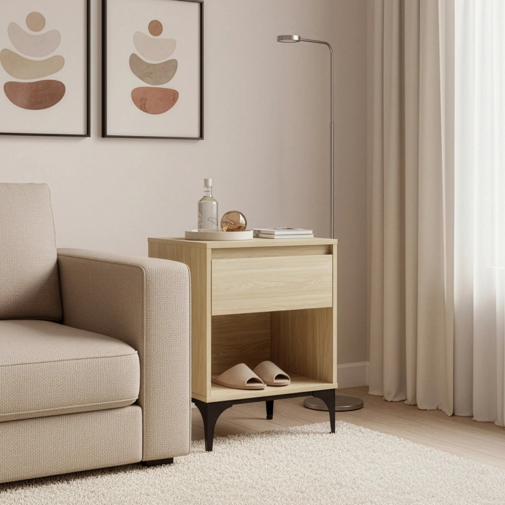 Tavolino Laterale Kistiandi Comodino con Cassetto 62 x 46 x 40 cm - Effetto Rovere Chiaro [en.casa]