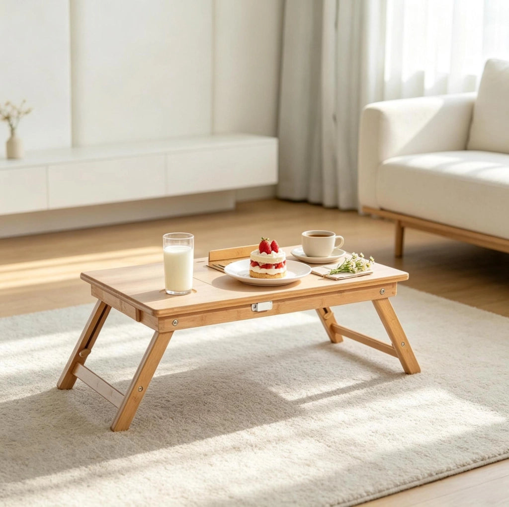 Tavolino da letto 55x35 cm naturale in bambù, regolabile e pieghevole