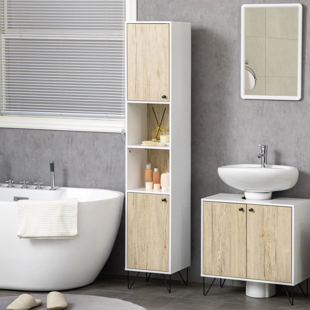 Colonna Bagno con Ripiani e Armadietti in Truciolato ¨C Zephmum ¨C Bianco e Legno, 31.5x30x169 cm