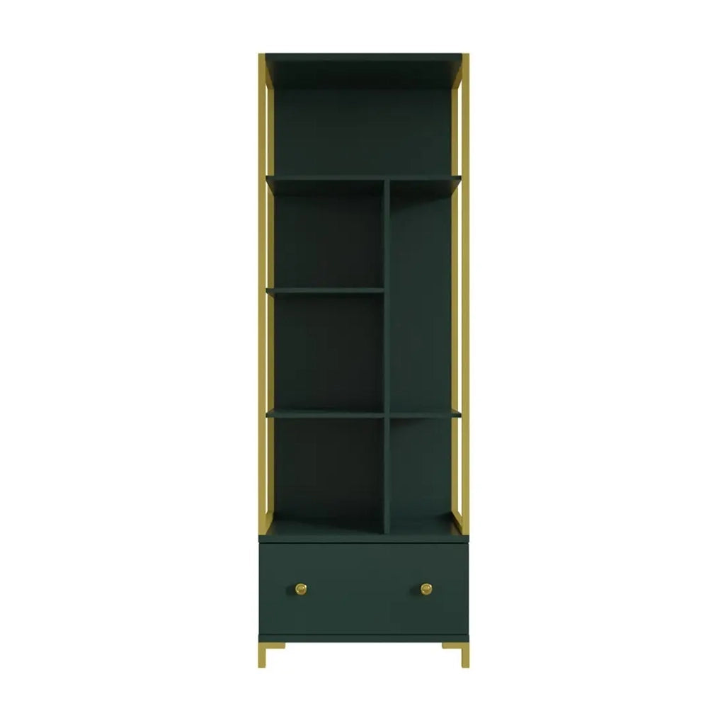 Libreria collezione DOUGLAS colore verde con numerosi vani e finiture dorate, 70 x 200 x 42 cm