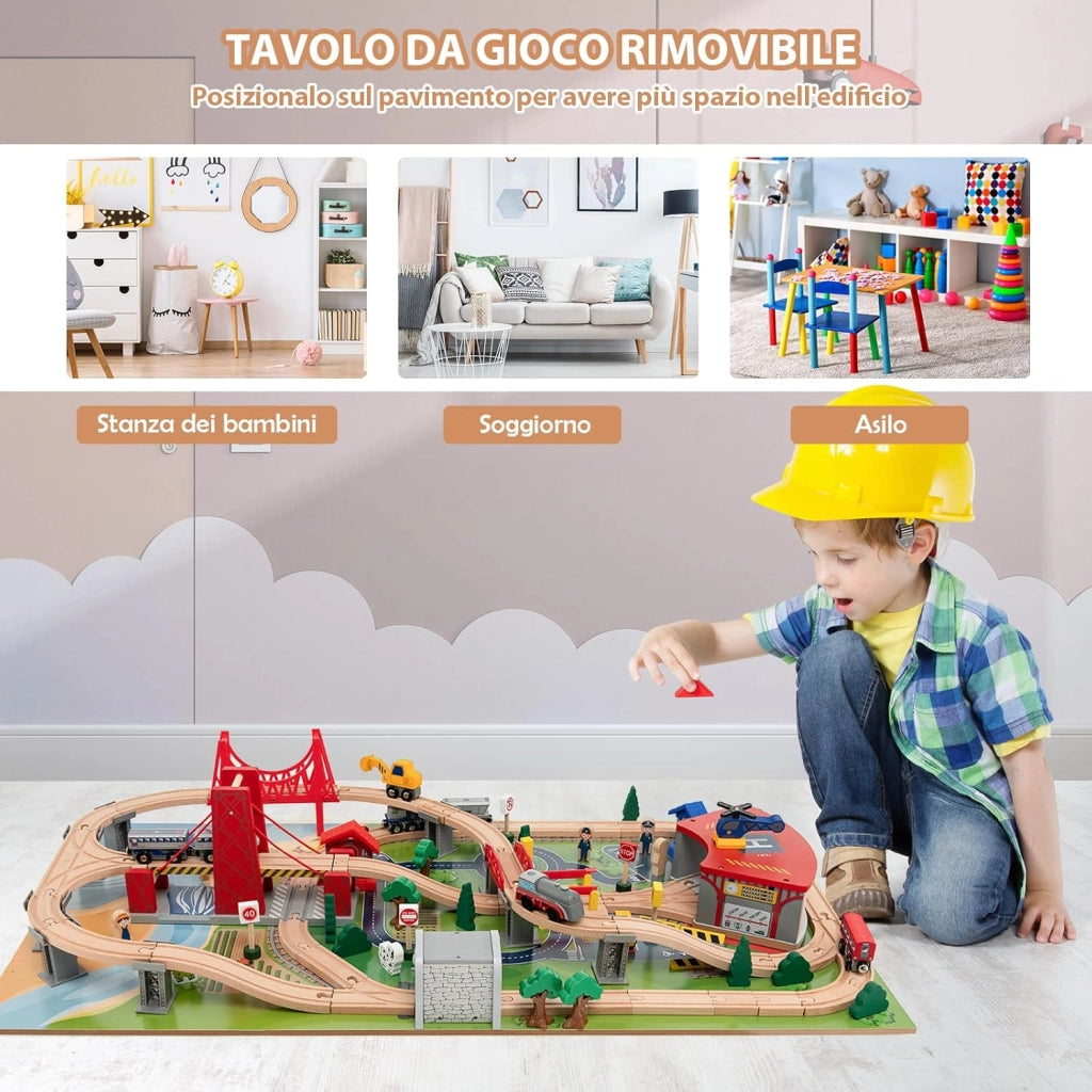Tavolo e Set Treno Giocattolo in Legno, Set da Gioco Creativo Treni e Binari per Bambini con 100 Pezzi, Trenino per Bambini Anni 3+