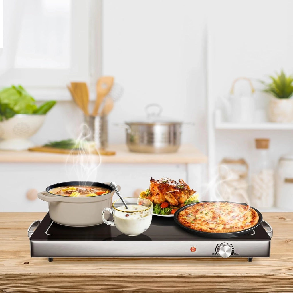 Vassoio Scaldavivande Elettrico 300 W, Scalda Vivande Temperatura Regolabile 50-120℃, Vassoio 56 X 36 CM, con Maniglia Cool-Touch, Superficie in Vetro Temperato, per Famiglia, Feste, Picnic