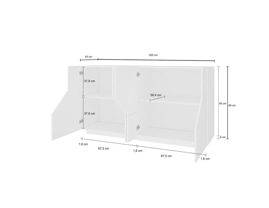 Credenza moderna a 4 ante Ania, Made in Italy, Madia da ingresso, Buffet di design da soggiorno, Cm 200x43h86, Bianco lucido