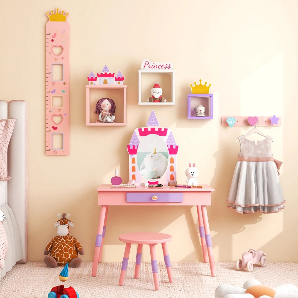 Set da toletta per bambini con specchio cassetto e piano rimovibile, Tavolo da trucco e sgabello in legno Rosa-Toelette per bimbi