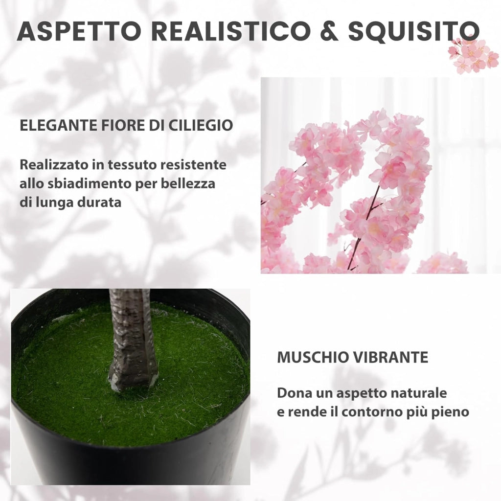 Albero di Finti Fiori di Ciliegio, Albero Artificiale con 900 Fiori Rosa, Tronco in PE Robusto, Base Riempita di Cemento, Pianta Floreale Finta in Vaso per Ufficio e Casa