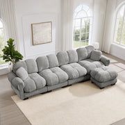 Divano angolare modulare a l con pouf mobile e cuciture trapuntate in tessuto chenille grigio chiaro 330 × 149 × 90 cm
