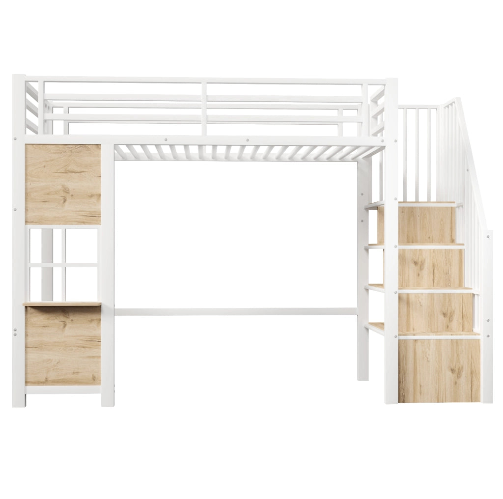 Letto a soppalco 90x200 cm in MDF e metallo; bianco; con scala contenitore e area gioco