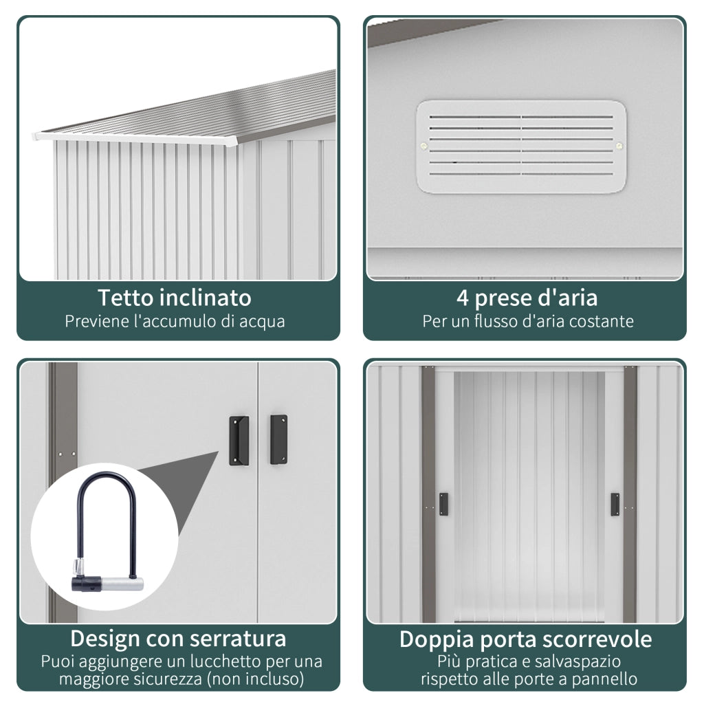 EasyComfort Casetta da Giardino in Lamiera d'Acciaio con Doppie Porte Scorrevoli, 277x195x192cm, Argento