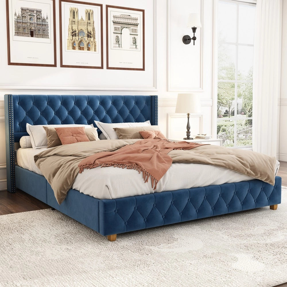 Letto Imbottito con Testiera e Rete a Doghe ¨C MINIMAL ¨C Velluto Blu 160x200
