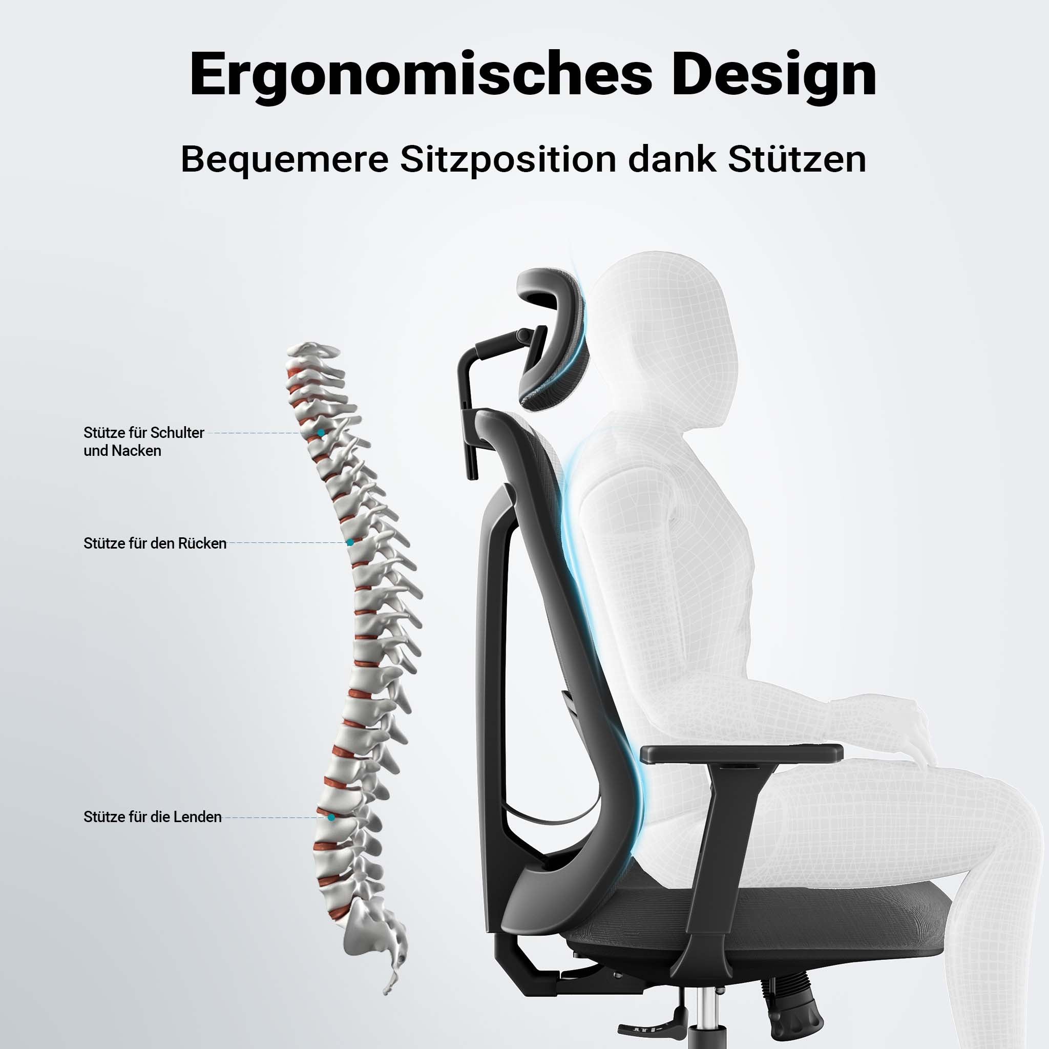 Sedia da ufficio ergonomica con regolazione in altezza e profondità, poggiatesta e braccioli regolabili, con supporto lombare, max 150 kg