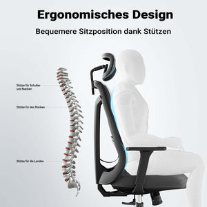 Sedia da ufficio ergonomica con regolazione in altezza e profondità, poggiatesta e braccioli regolabili, con supporto lombare, max 150 kg