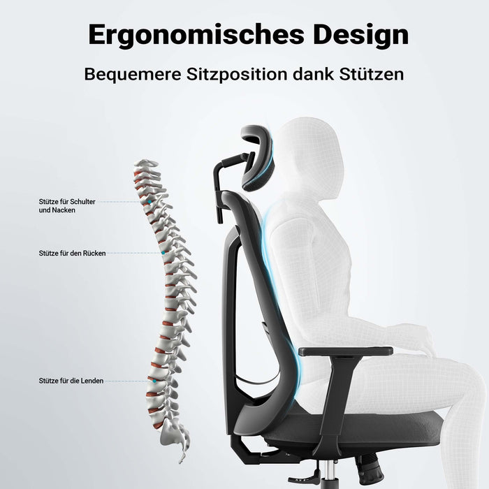 Sedia da ufficio ergonomica con regolazione in altezza e profondità, poggiatesta e braccioli regolabili, con supporto lombare, max 150 kg