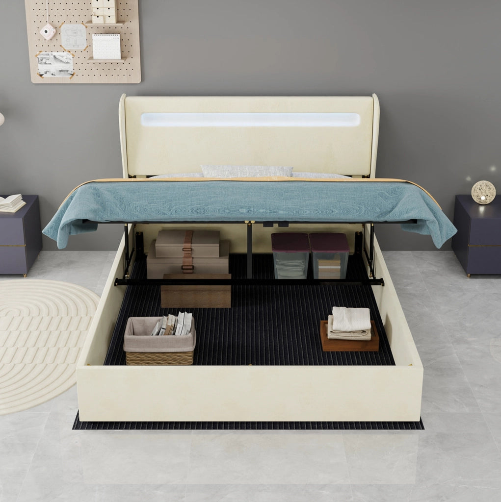 Letto imbottito con LED e testiera regolabile 140x200 cm beige