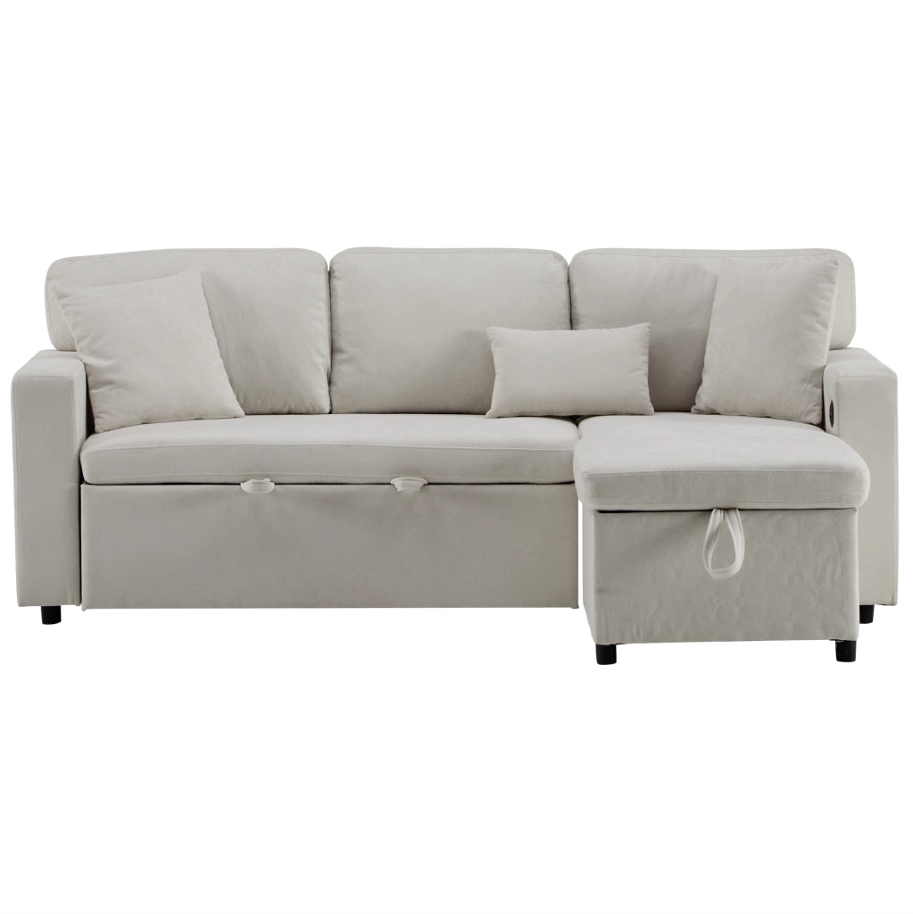 Divano letto 3 posti beige con USB, contenitore e ripiano
