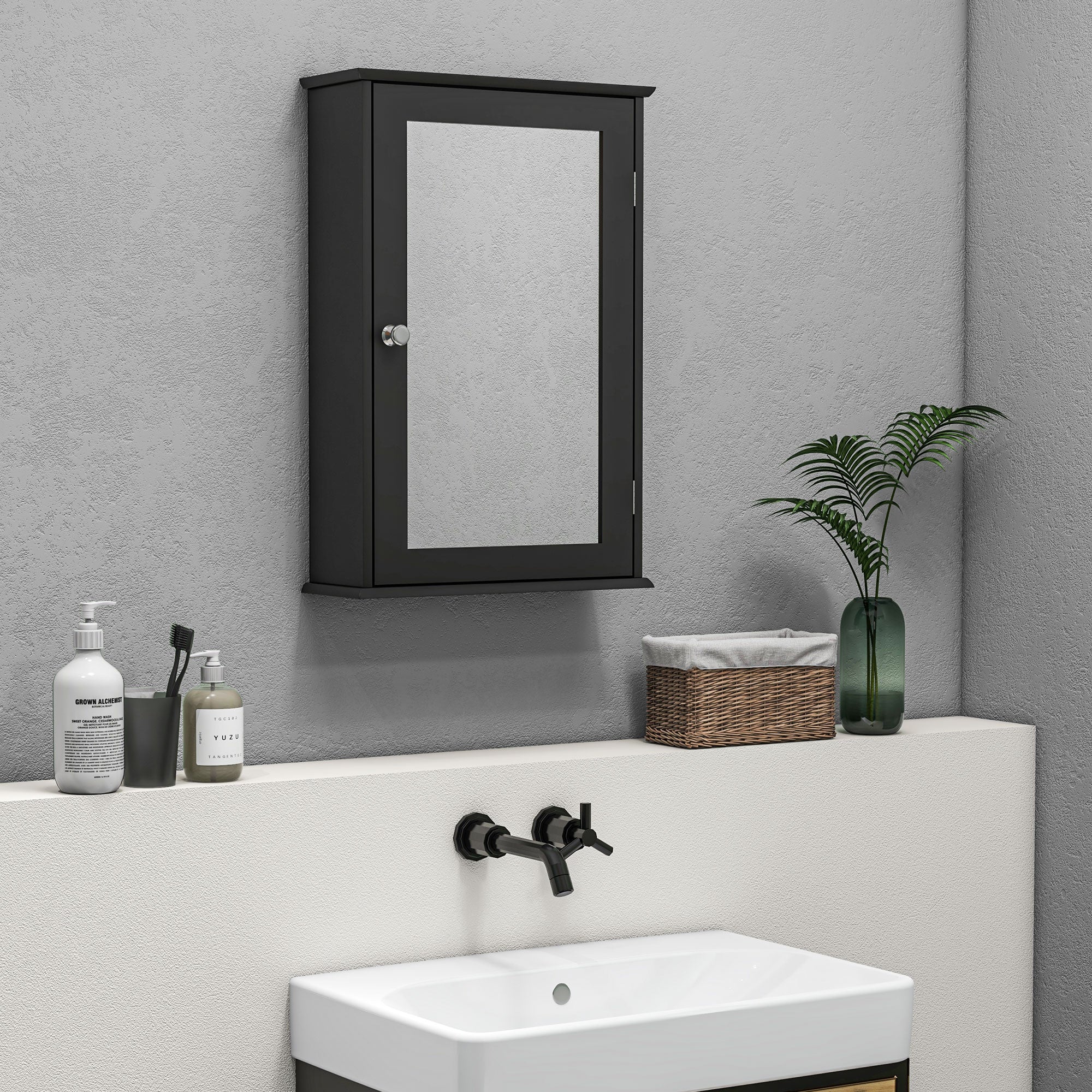 Mobile da Bagno Pensile con Specchio e Anta a Chiusura Magnetica 41x14x60 cm Nero