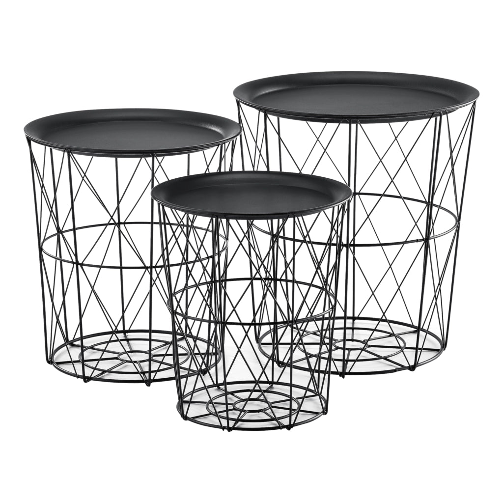 Set Worcester 3 Tavolini Contenitori in Metallo con Piano Rimovibile - Nero [en.casa]
