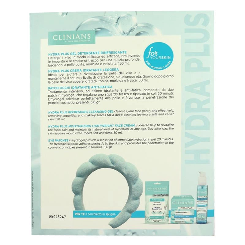 CLINIANS CONFEZIONE REGALO HYDRA PLUS GEL DETERGENTE RINFRESCANTE 150ML, CREMA IDRATANTE LEGGERA 50ML, PATCH OCCHI IDRATANTE ANTI-FATICA 3.6ML + CERCHIETTO IN SPUGNA - PELLI NORMALI O MISTE