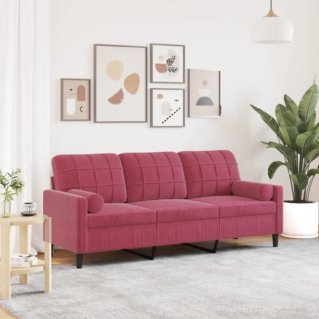 vidaXL Divano a 3 Posti con Cuscini Rosso Vino 180 cm in Velluto