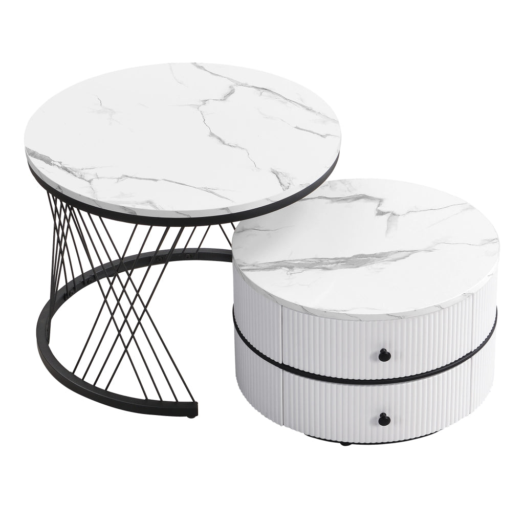 Set 2 Tavolini da Caff¨¨ Rotondi ¨C Xylo ¨C Bianco Lucido Effetto Marmo, 2 Cassetti, 60x60x46 / 50x50x31