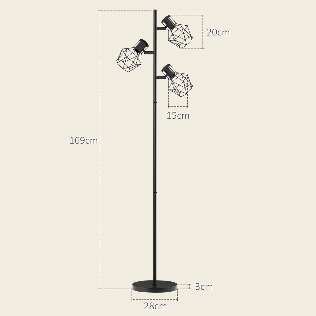 Lampada da Terra 3 Luci Orientabili 40W 41x28x169 cm in Metallo Nero