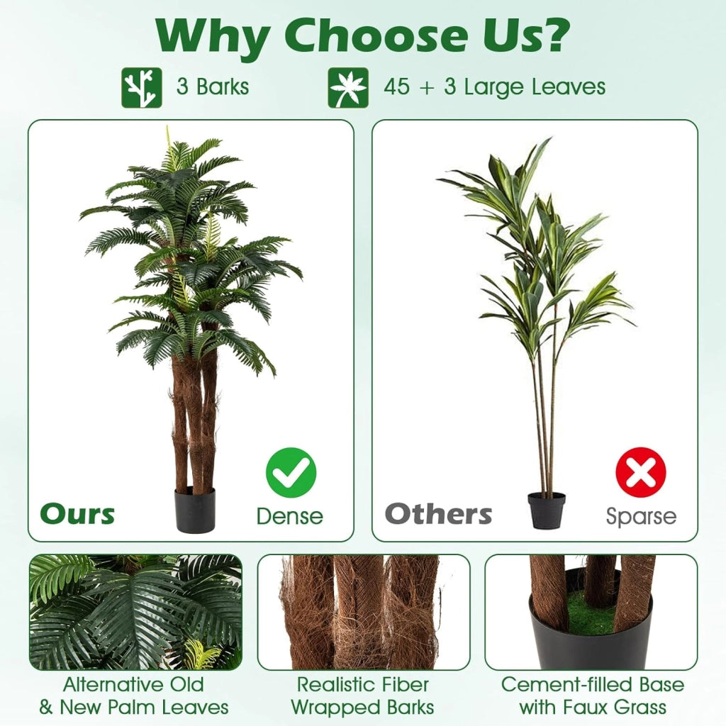 Set di 2 Palme Artificiali Altezza 1,9 m, Pianta Tropicale Artificiale con 45 + 3 Foglie Regolabili, 3 Tronchi & Vaso da Fiori, Falsa Pianta Interna Decorativa per Soggiorno, Ufficio