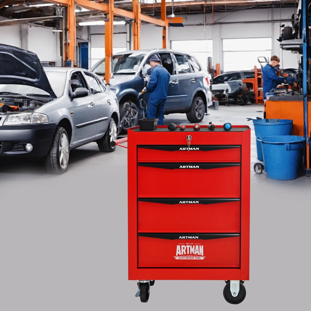 Carrello portautensili con 4 cassetti, 4 ruote e serratura, in acciaio, per garage e officina, rosso nero, 60 × 33 × 77.5 cm