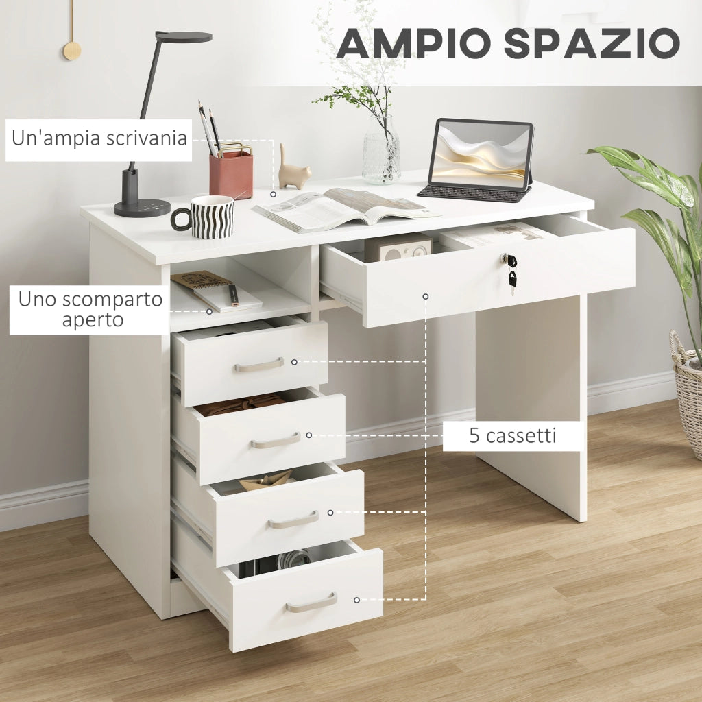 Scrivania per Camera o Ufficio in Legno con 2 Cassetti e 2 Chiavi, 110x50x76cm - Bianco