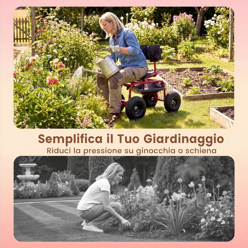 Carrello da Giardino, Sgabello con Ruote Girevole a 360°, Cuscino Imbottito, Schienale, Cestino, Tasca e Vassoio Porta Attrezzi, Carriola da Giardino e Cortile, 96 x 46 x 78-87 cm (Rosso)