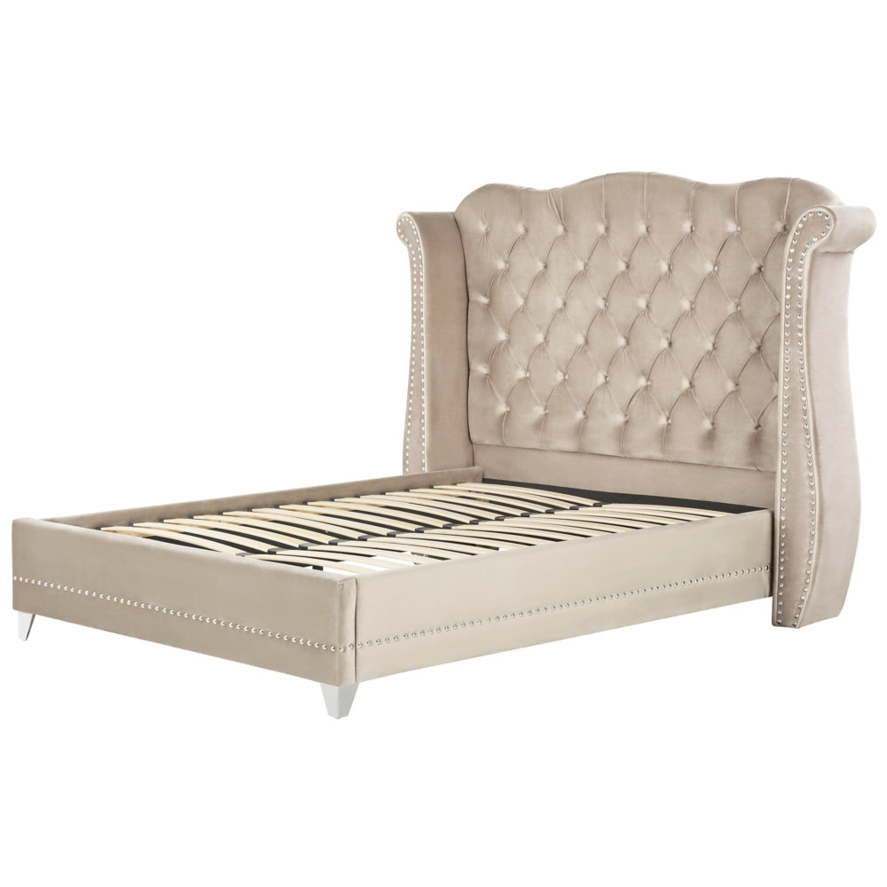 Letto in velluto color beige 160 x 200 cm testiera alta decorata con bottoncini stile retrò e tradizionale