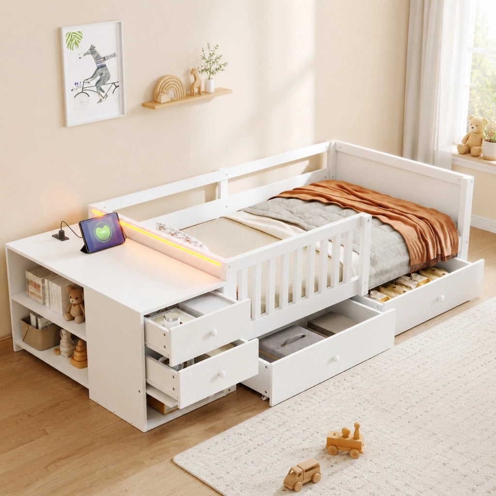 Letto a soppalco per bambini 90 × 200 cm con vano separato, prese, LED e sbarre di sicurezza, bianco