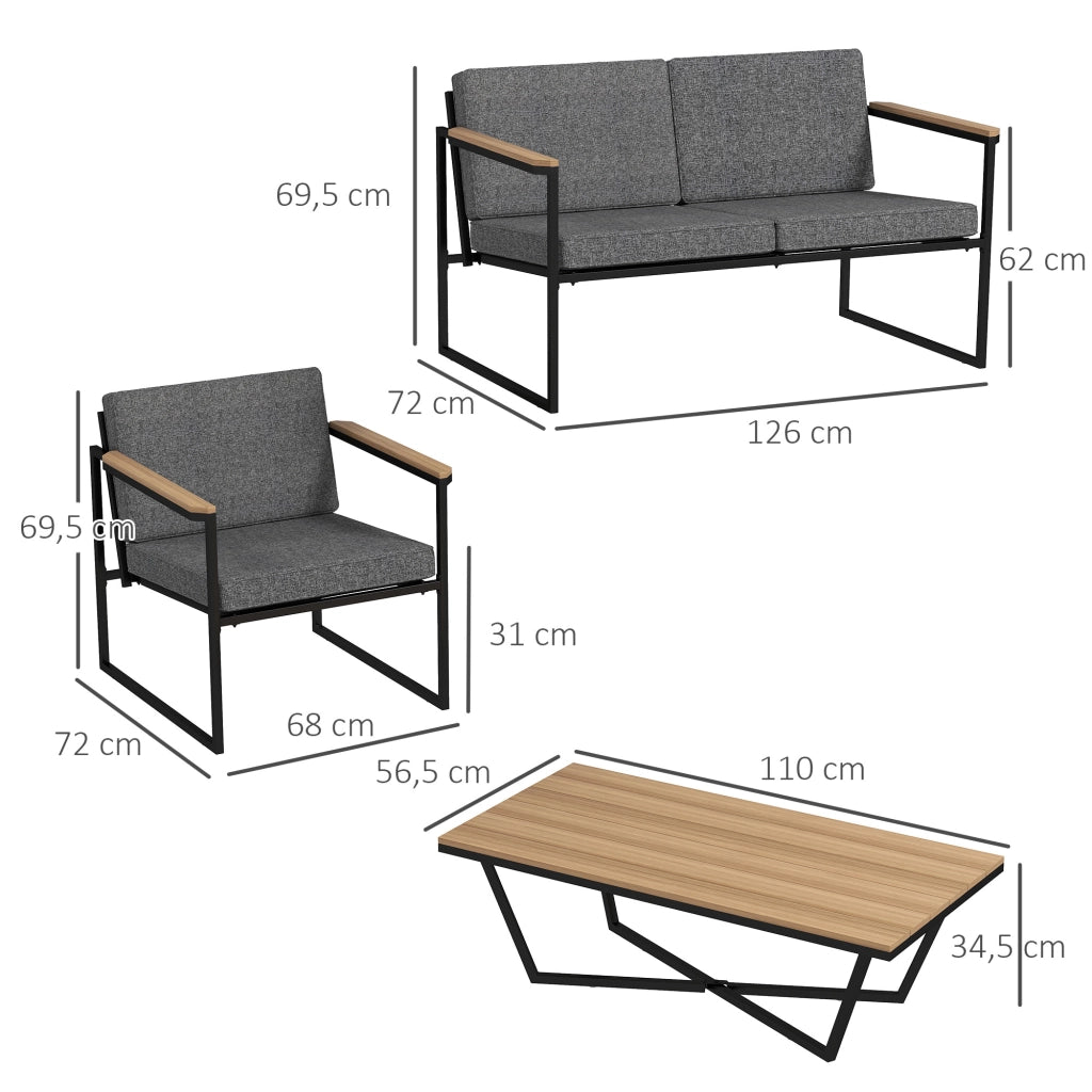 Arredamento da giardino a 4 posti: Divanooo a 2 posti + 2 poltrone + cuscini + tavolino laterale; grigio