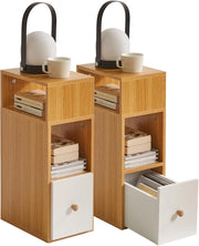 Set di 2 comodini sottili e stretti, con 2 scomparti aperti e 1 cassetto, salvaspazio, tavolini laterali in legno per camera da letto e soggiorno, naturale WNS006N-2