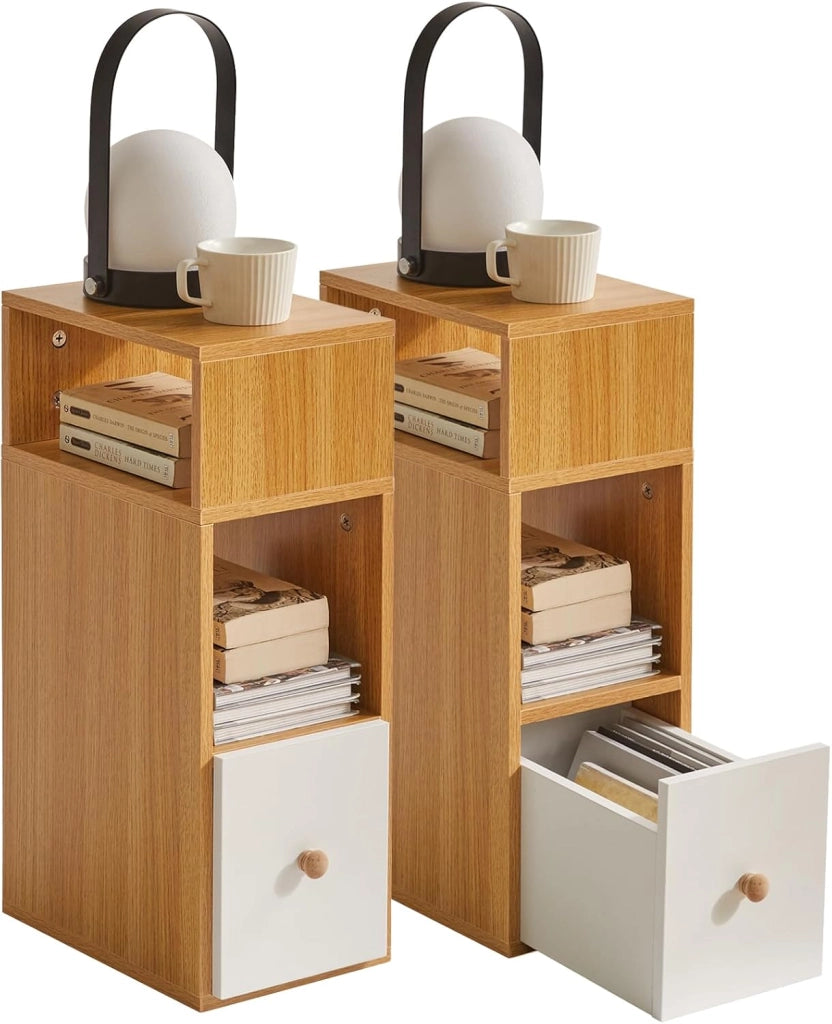 Set di 2 comodini sottili e stretti, con 2 scomparti aperti e 1 cassetto, salvaspazio, tavolini laterali in legno per camera da letto e soggiorno, naturale WNS006N-2