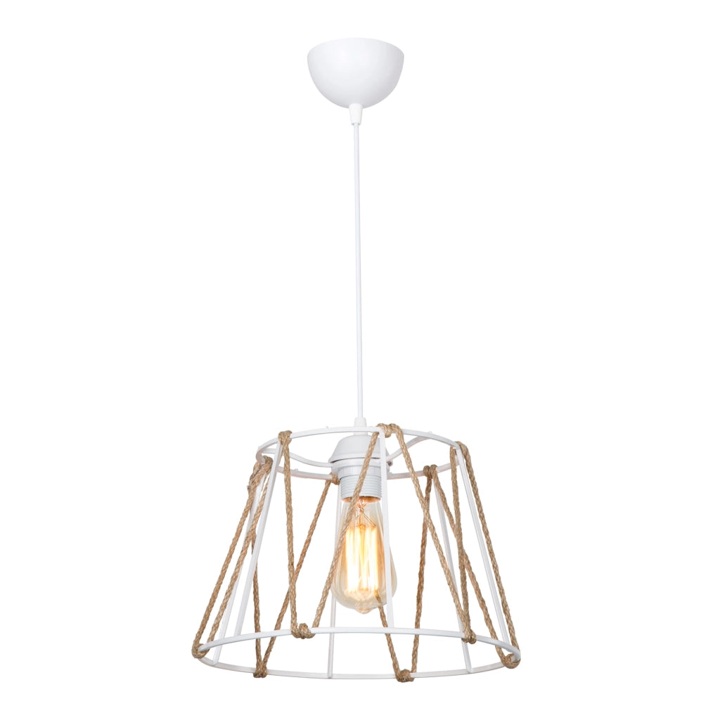 Lampada a Sospensione 'Halifax' con Paralume a Gabbia con Corda di Iuta - Bianco/Naturale  [lux.pro]