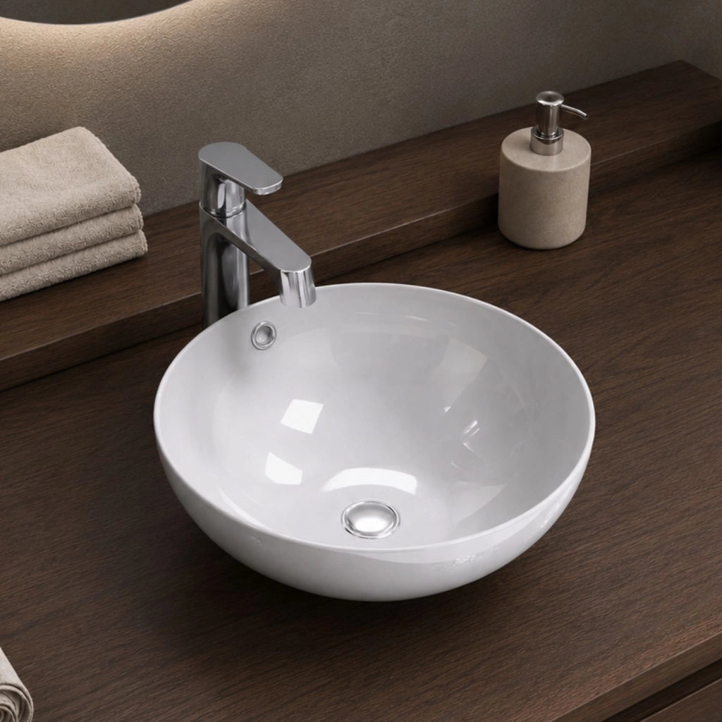 Lavabo da appoggio bianco tondo in ceramica lucida per bagno moderno per piani e mobili