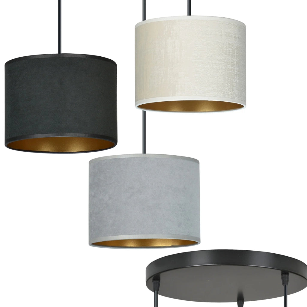 Lampadario Tondo 3 Luci Ganesha In Acciaio Nero E Paralumi In Tessuto Multicolore