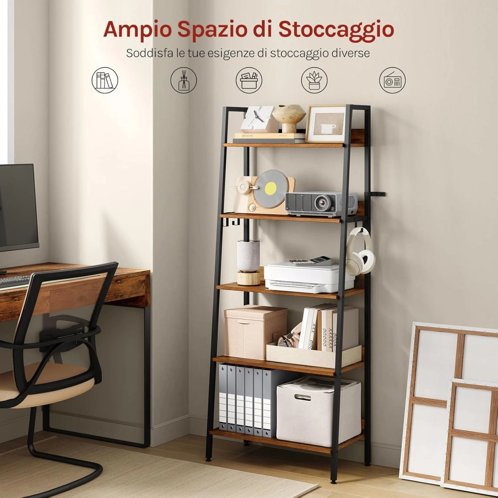 Libreria Metallica 5 Livelli, Scaffale Verticale Salvaspazio per Studio, Soggiorno e Cucina, 36x64x171 cm, Legno Vintage + Nero