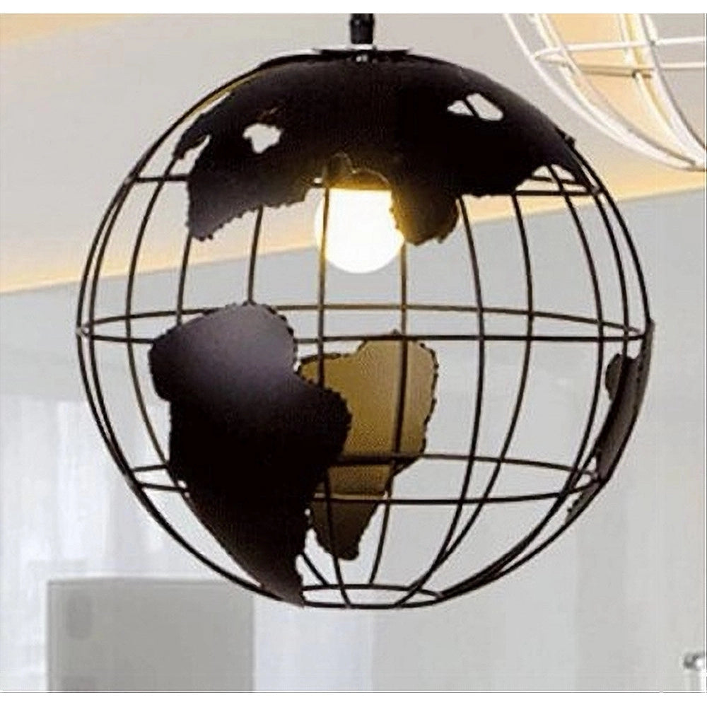 Trade Shop - Lampadario A Sospensione Mappamondo E27 In Metallo Nero Sfera Globo Sospeso 33948 -