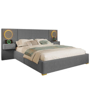 Letto matrimoniale 180x200 in velluto grigio con testiera LED e comodini integrati