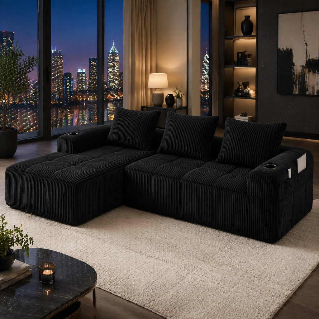 SOFA Modulare in tessuto corduroy 253x158x61 cm Nero con 3 cuscini