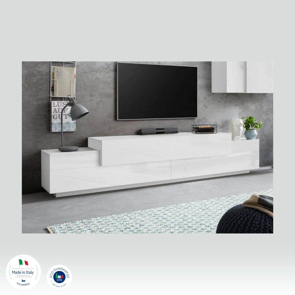Mobile porta TV Tiche, Credenza bassa da soggiorno, Base porta TV, 100% Made in Italy, cm 240x45h52, Bianco lucido