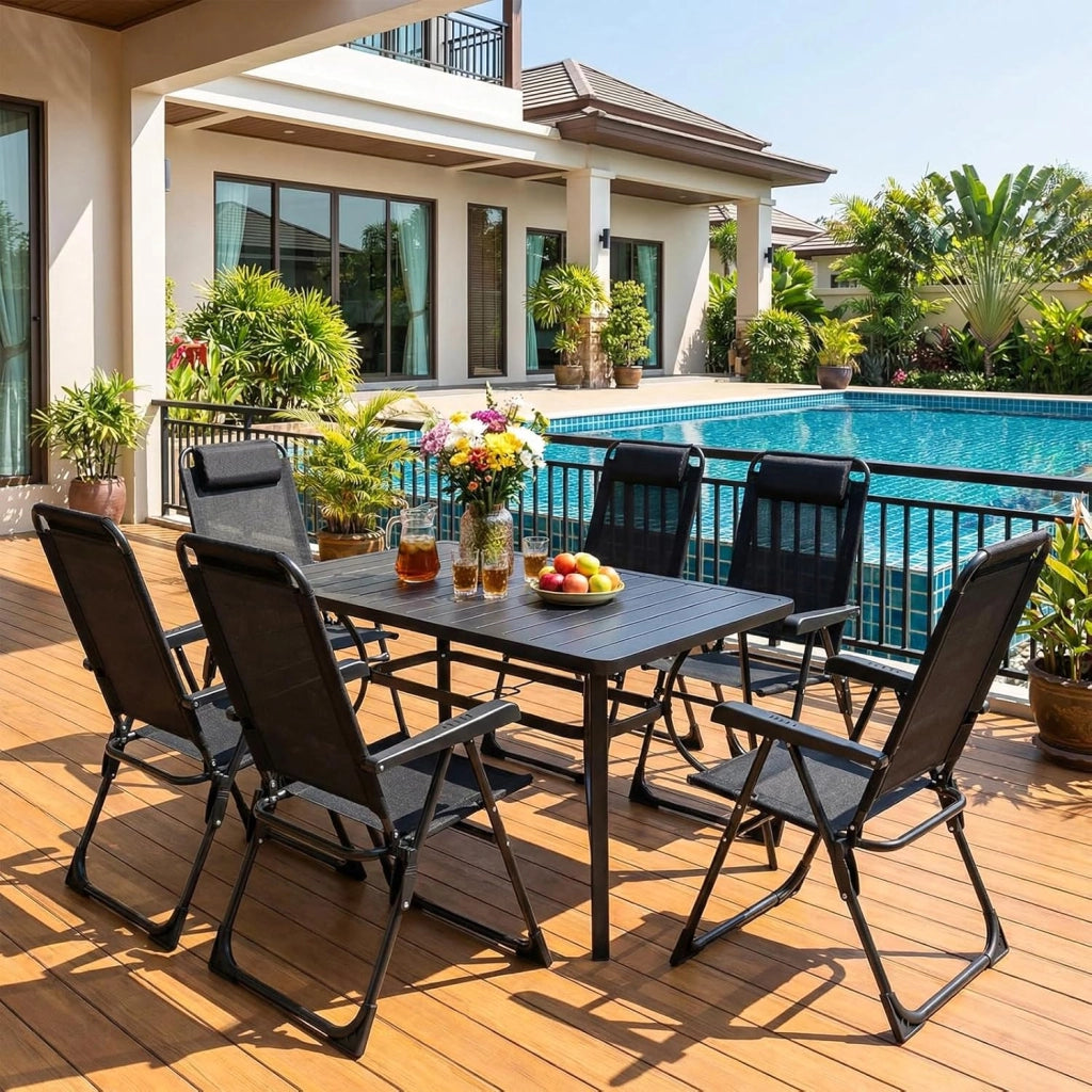 Set di 6 sedie da giardino, pieghevoli, da campeggio con poggiatesta, con 5 schienali regolabili, da balcone, da giardino, terrazza, campeggio, nero, 6 pezzi