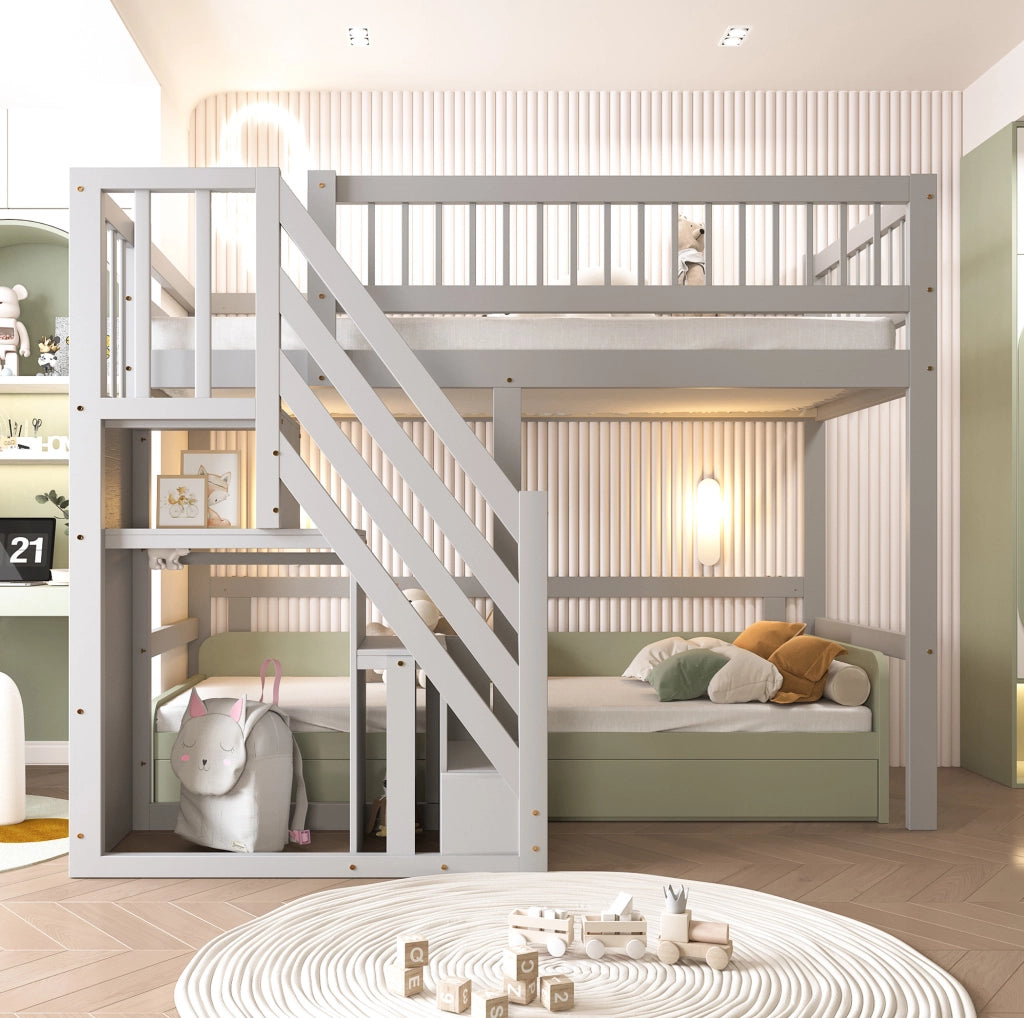 Letto a soppalco ULEVR 90x200 cm con scala contenitore e sponde alte, legno grigio