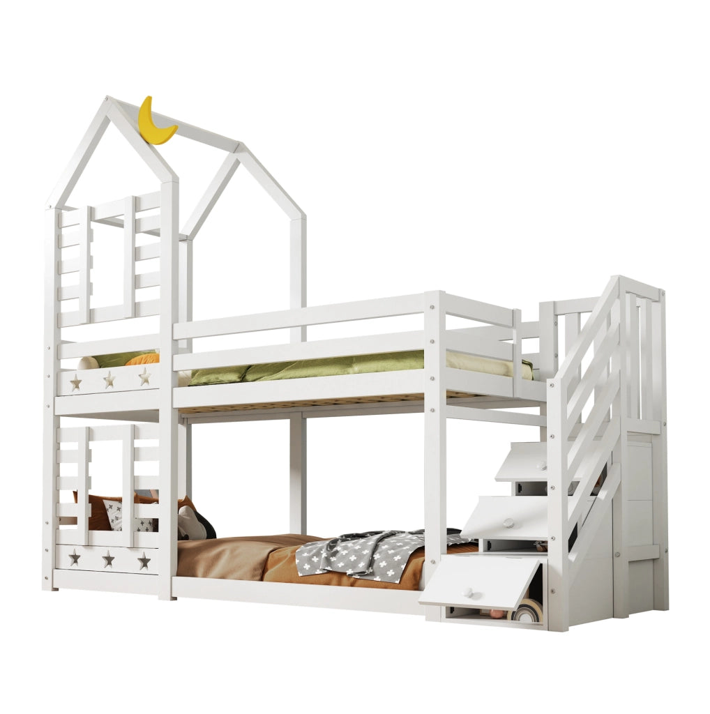 Letto a castello a casetta con cassetti e scala contenitore; 90x200 cm; bianco