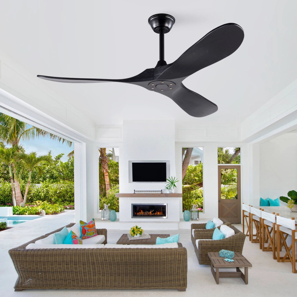 Ventilatore da soffitto nero design moderno 52 pollici, 3 pale legno massello, senza illuminazione, motore DC reversibile silenzioso